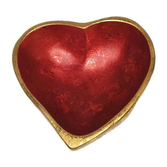 Wood Heart Shaped Bowl Red With Gold Leaf Jewelry Trinket Dish 6" x 6" x 2.5" - Picture 1 of 14